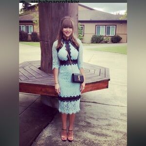L'ATISTE Mint Green Lace Midi Dress with Black Trim